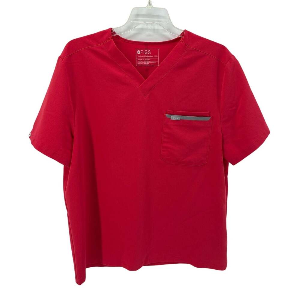 FIGS Leon Scrub Top Mens XL Neon Red VNeck 2 Pocket Utility Tech Medical Uniform